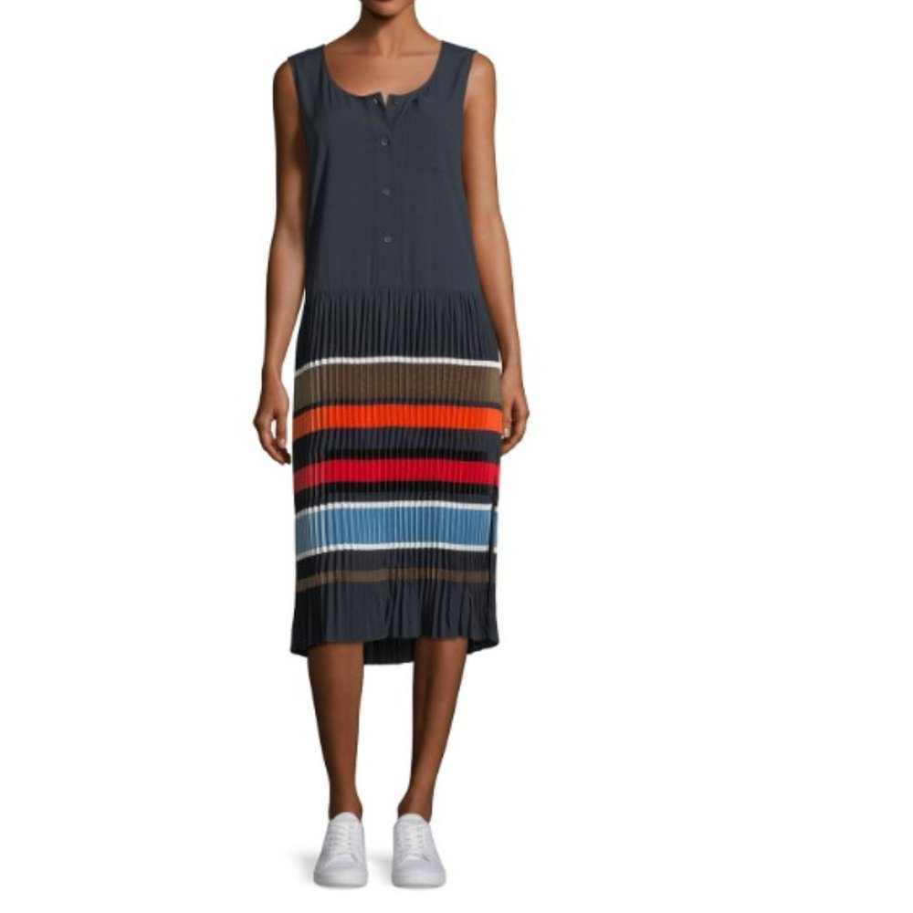 NEW Public School Jama Sleeveless Striped Pleated Shift Midi Dress